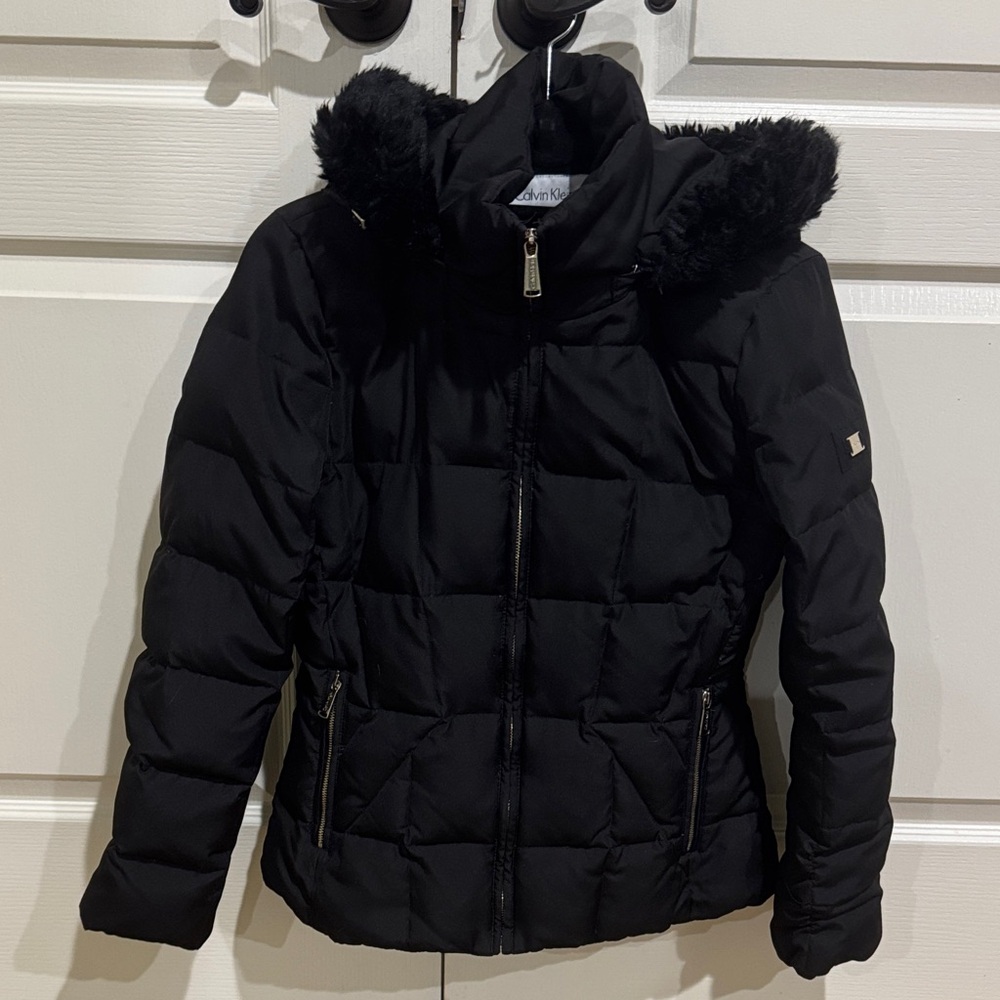 Calvin Klein Classic Black Jacket - Coat w/ Faux Fur Hood